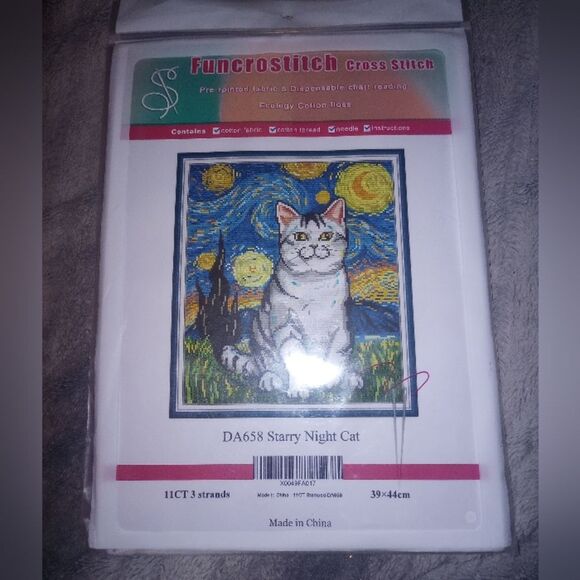 Starry Night Cat Cross Stitch Kit 11 Cout 3 Strand NWT - Picture 7 of 8